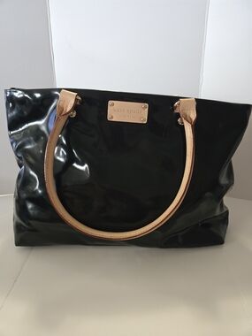 kate spade Black Patent Tote with Tan Handles and Gold Plaque